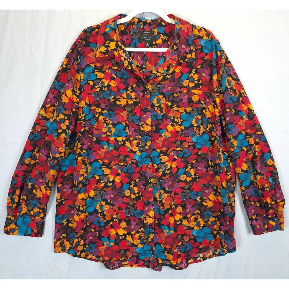 Olivia Investments Woman 1X Floral Button Up Blouse Multicolor Roll Tab Sleeve